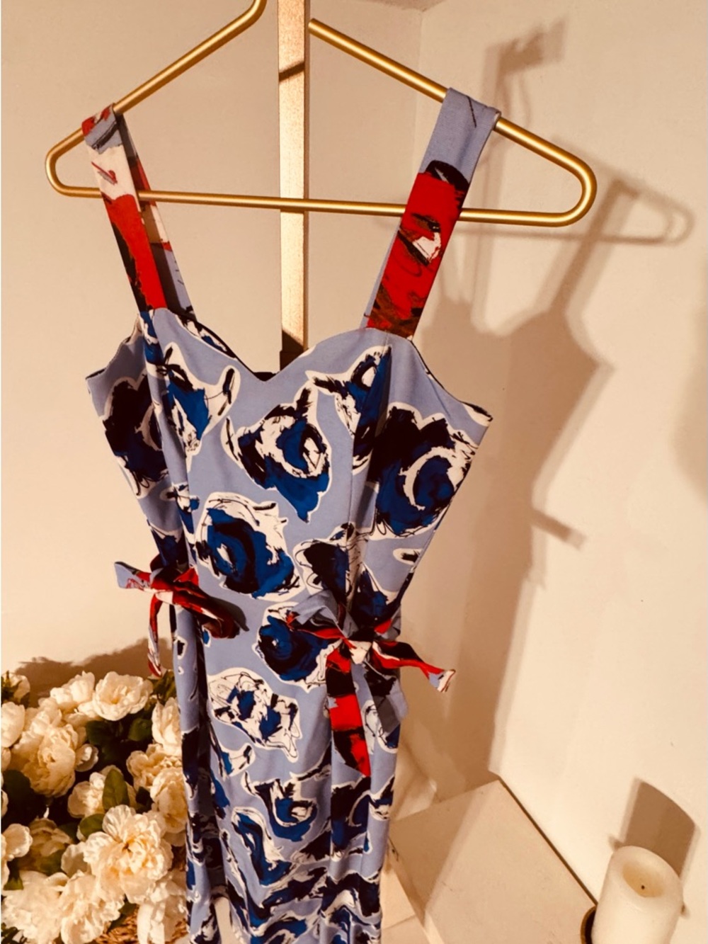 Sachin + Babi Blue Floral Midi Dress with Red Strap Accents - Picture 5 of 11